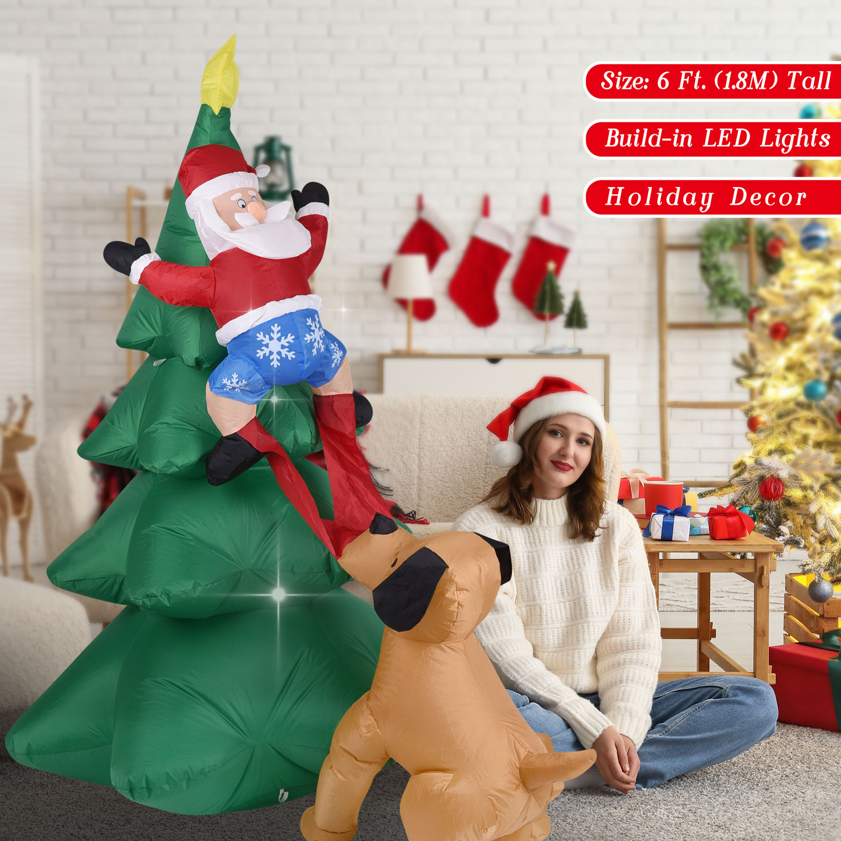 Anjing Tiup Natal dengan Santa - Up Lighting Decor ulasan dan harga